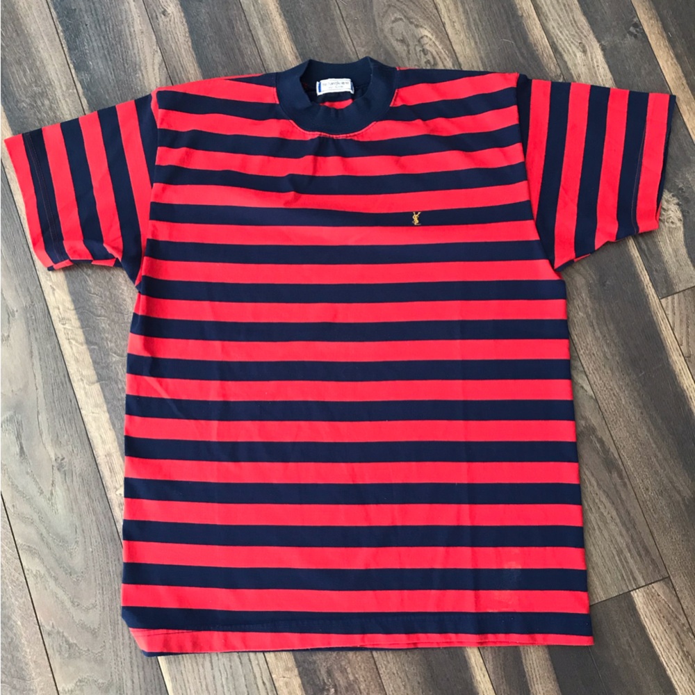 Yves Saint Laurent Red and Navy Blue Striped Tee